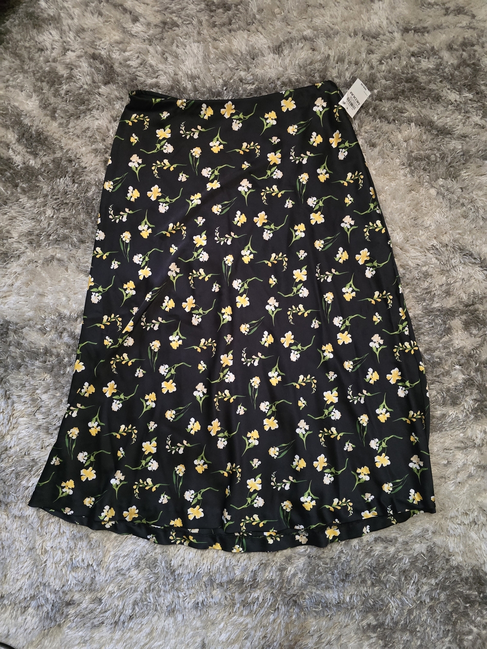 Satin Black Floral Midi Skirt with Yellow Flowers